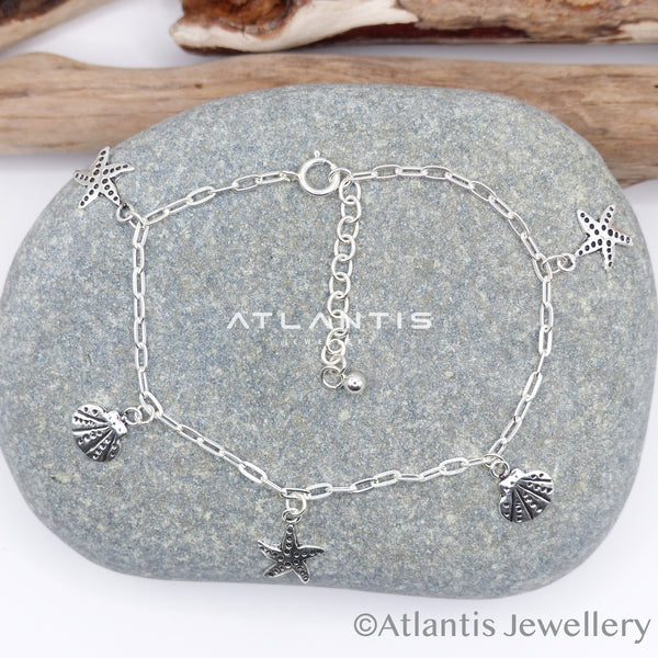 Shell and Starfish Charm Bracelet Sterling Silver with Oxidised Detailing