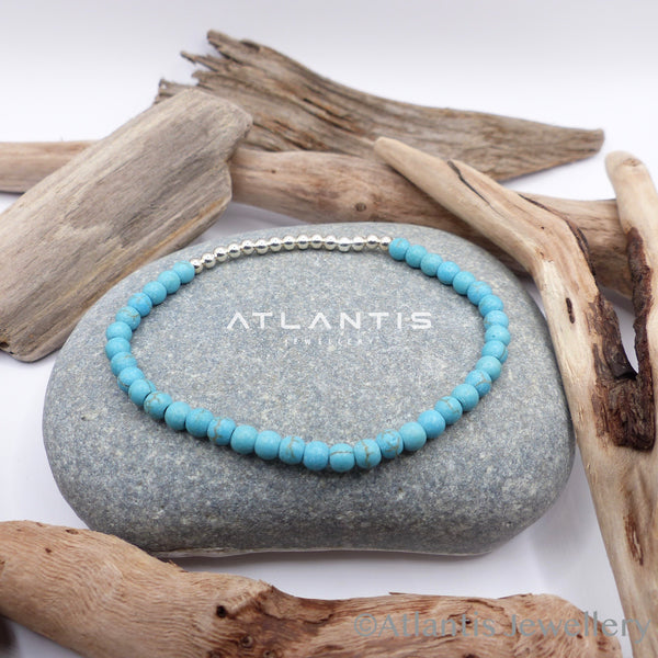 Turquoise Stone Bead Bracelet with Silver Beads