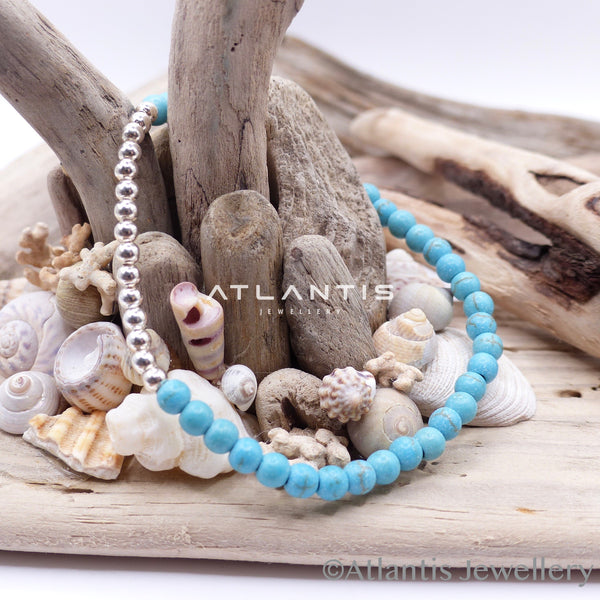 Turquoise Stone Bead Bracelet with Silver Beads