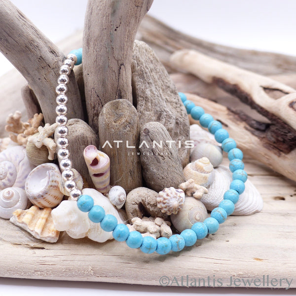 Turquoise Stone Bead Bracelet with Silver Beads