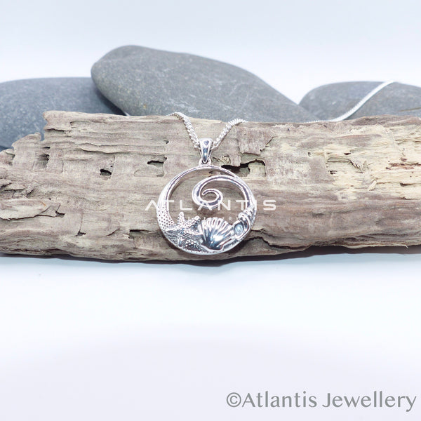 Shell, Starfish and Wave Necklace in Sterling Silver with Oxidized Detailing