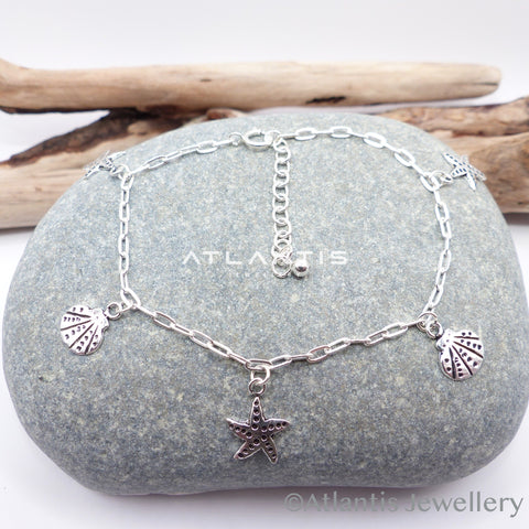 Shell and Starfish Charm Bracelet Sterling Silver with Oxidised Detailing