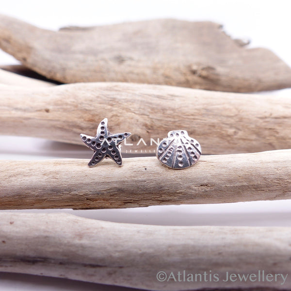 Shell and Starfish Earrings Sterling Silver with Oxidized Detailing