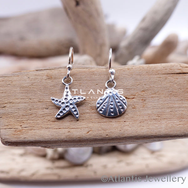 Shell and Starfish Hook Earrings Sterling Silver with Oxidized Detailing