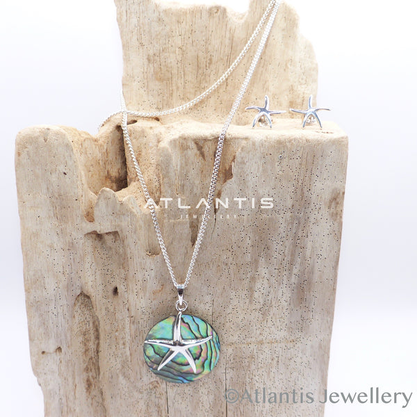 Starfish Pendant in Sterling Silver with Abalone Shell Circular Backing