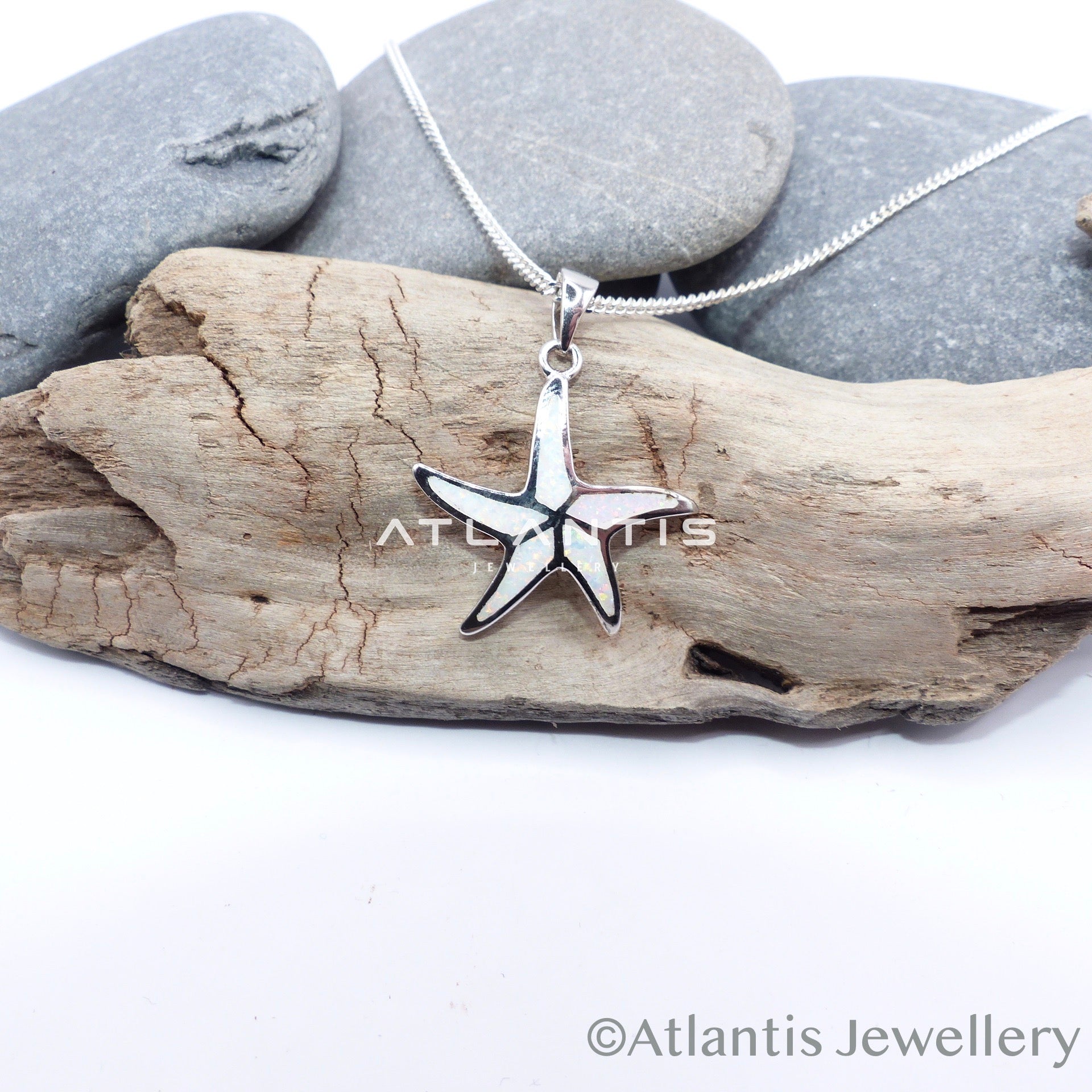 Starfish Necklace in Sterling Silver with White Opal Detailing