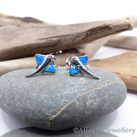 Stingray Earrings in Sterling Silver with Blue Opal Detailing