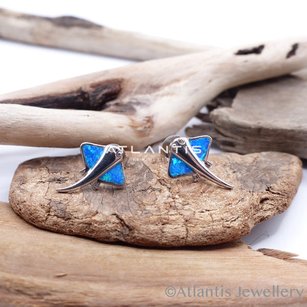 Stingray Earrings in Sterling Silver with Blue Opal Detailing