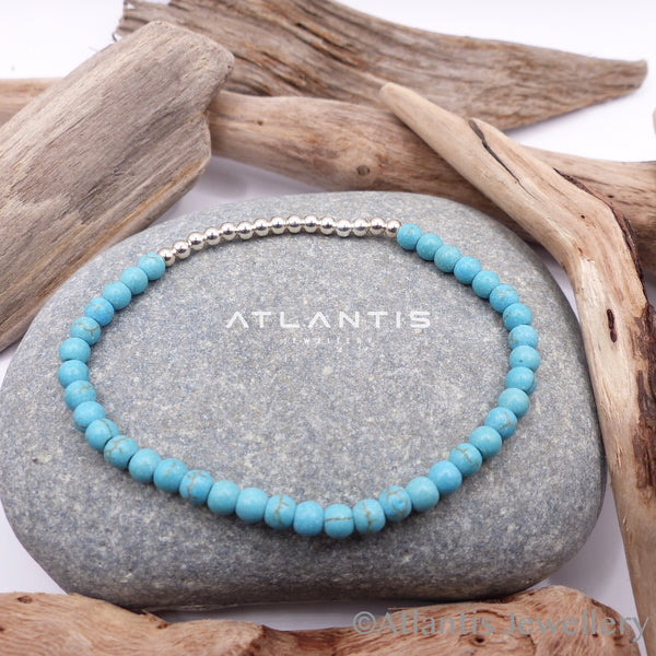 Turquoise Stone Bead Bracelet with Silver Beads
