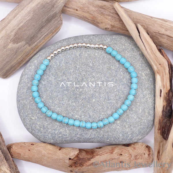 Turquoise Stone Bead Bracelet with Silver Beads