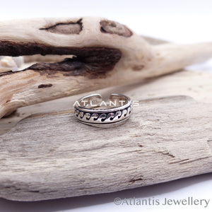 Wave Toe Ring Sterling Silver with Small Waves and Oxidized Detailing