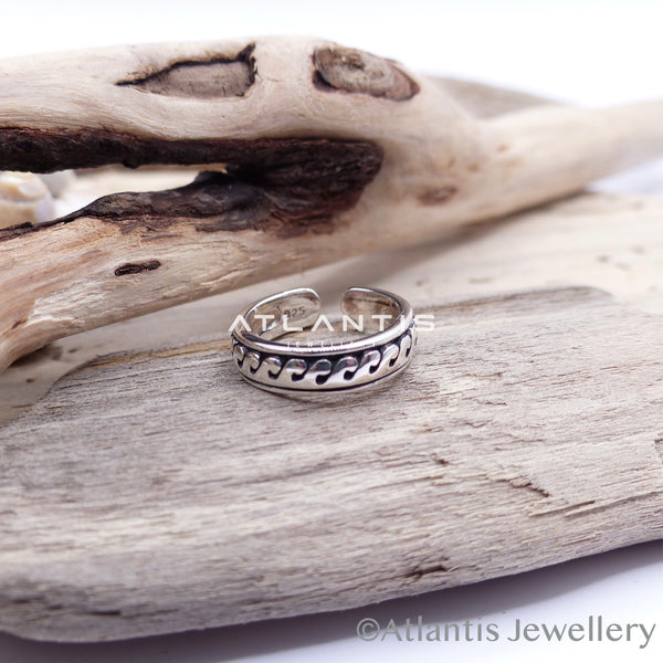 Wave Toe Ring Sterling Silver with Small Waves and Oxidized Detailing