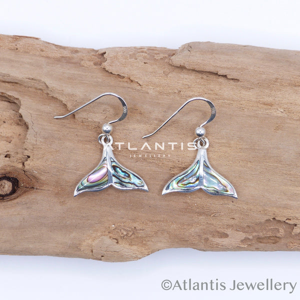 Whale Tail Hook Earrings in Sterling Silver with Abalone shell Inlays