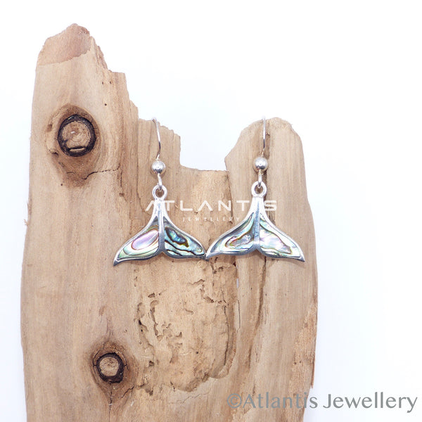 Whale Tail Hook Earrings in Sterling Silver with Abalone shell Inlays