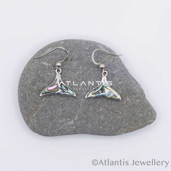 Whale Tail Hook Earrings in Sterling Silver with Abalone shell Inlays