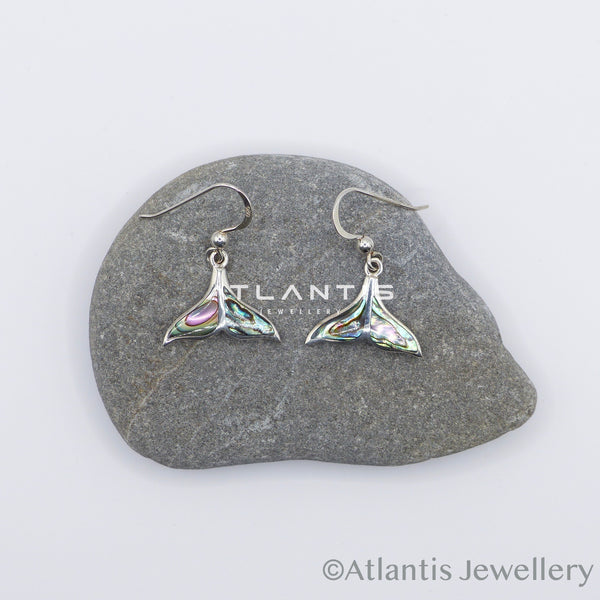 Whale Tail Hook Earrings in Sterling Silver with Abalone shell Inlays